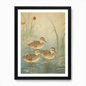 Ducklings With Pond Grass Japanese Woodblock Style 2 Art Print