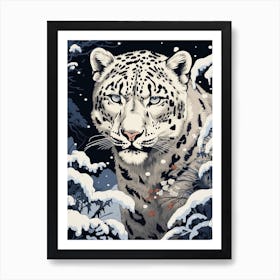 Snow Leopard Animal Drawing In The Style Of Ukiyo E 3 Art Print