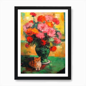 Chrysanthemums With A Cat 4 Fauvist Style Painting Art Print