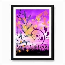 Sunset With Flowers And Birds Art Print