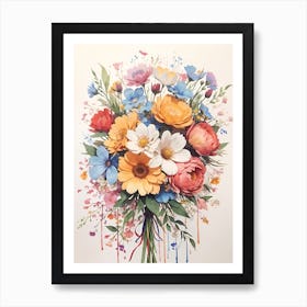 Bouquet Of Flowers, simple watercolor drawing, simple ink lines, watercolor drip, tiny flowers, hand-painted, art by MSchiffer, sharp focus, colorful, high contrast, Art Print