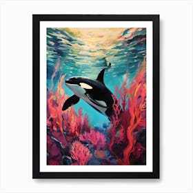 Orca Whale And Pink Coral Art Print