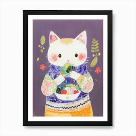 White Tan Cat Eating Salad Folk Illustration 2 Art Print