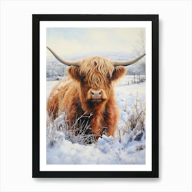 Traditional Watercolour Illustration Of Highland Cow In The Snowy Field 2 Art Print
