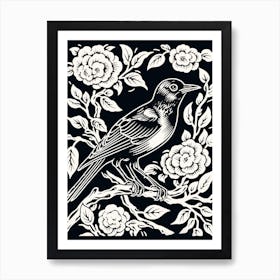 B&W Bird Linocut Magpie 3 Art Print