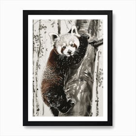 Red Panda Cub Climbing A Tree Ink Illustration 1 Art Print
