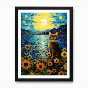 Cat At Night With Sunflowers Art Print
