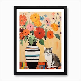 Anemone Flower Vase And A Cat, A Painting In The Style Of Matisse 1 Art Print