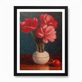 Peony With A Cat 1 Pointillism Style Art Print