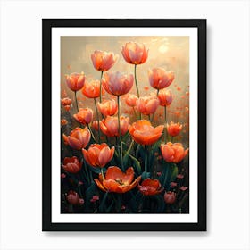Photo Of A Field Of Orange Tulip Flowers Art Print