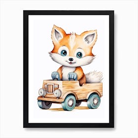 Baby Polar Fox On A Toy Car, Watercolour Nursery 1 Art Print