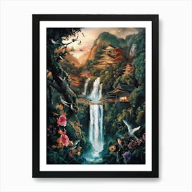 Japanese Temple in Mountain Waterfall Forest Art Painting #1 Art Print