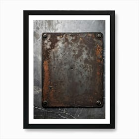 Close Up View Of A Vintage Steel Plate Resting On A Grey Stone Table Surfaces Laden With Corrosion (1) Art Print