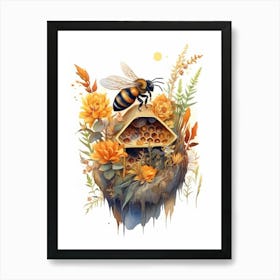 Orange Banded Bee Beehive Watercolour Illustration 3 Art Print