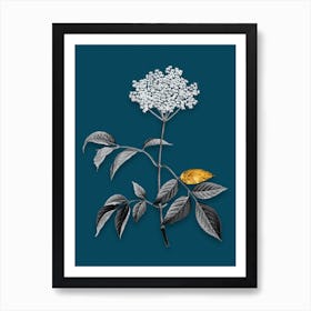 Vintage Elderflower Tree Black and White Gold Leaf Floral Art on Teal Blue Art Print