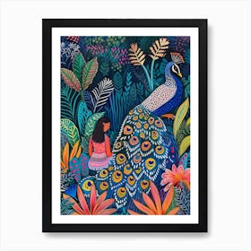 Folky Floral Peacock At Night With The Plants 2 Art Print