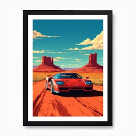 A Ferrari F40 Car In Route 66 Flat Illustration 1 Art Print