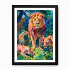 Asiatic Lion Interaction With Other Wildlife Fauvist Painting 4 Art Print