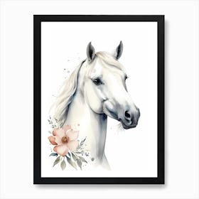 Floral White Horse Watercolor Painting (18) Art Print