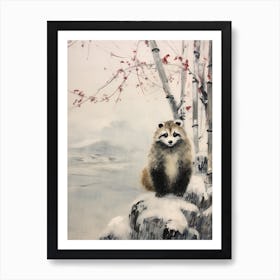 Vintage Winter Animal Painting Raccoon 4 Art Print