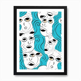 Abstract Aqua Face Line Illustration 1 Art Print