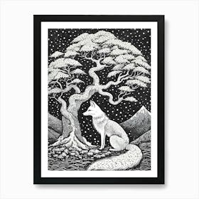 A Mystical Scene Featuring A White Fox Under A Sacred Tree Art Print