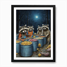 Raccoons At Night Art Print