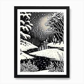 Snowflakes Falling By A Lake, Snowflakes, Linocut Art Print