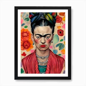 Frida Kahlo against flowers backdrop Art Print