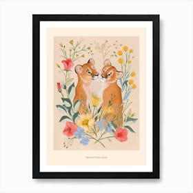 Folksy Floral Animal Drawing Mountain Lion 2 Poster Art Print