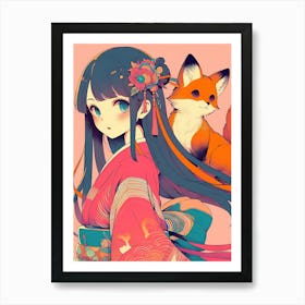 Pretty Anime Girl with Fox Art Print