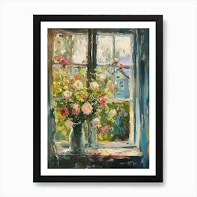 Roses Flowers On A Cottage Window 1 Art Print