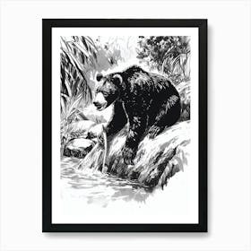 Malayan Sun Bear Fishing A Stream Ink Illustration 1 Art Print