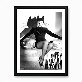 Beautiful Cat Woman Posing With Two Pumpkins Art Print