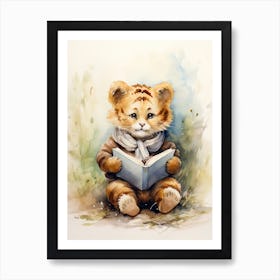 Tiger Illustration Reading Watercolour 2 Art Print