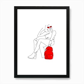 Minimalist Line Art Woman With Red Backpack Art Print