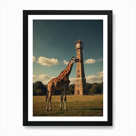 Giraffe In Front Of Clock Tower 1 Art Print