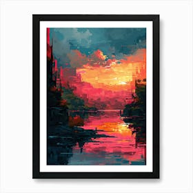 Sunset Over Water | Pixel Art Series Art Print