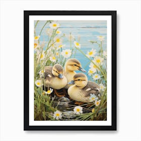 Ducklings With The Flowers Japanese Woodblock Style 2 Art Print