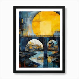 Blue Bridge with Sun II, Modern Vibrant Colorful Painting in Oil Style Art Print