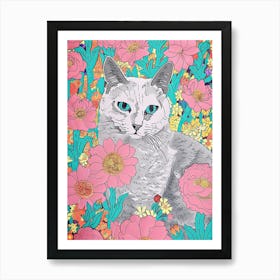 Cute Grey Cat With Flowers Illustration 3 Art Print