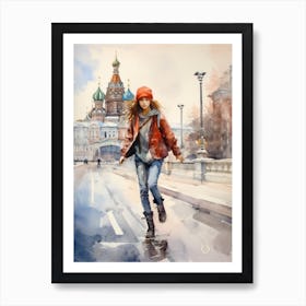 Girl Skateboarding In Moscow, Russia Watercolour 2 Art Print