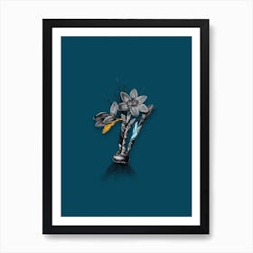 Vintage Crocus Luteus Black and White Gold Leaf Floral Art on Teal Blue n.0080 Art Print