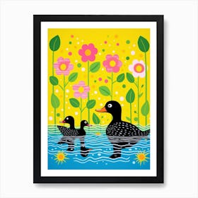 Floral Black Patterned Ducks Art Print