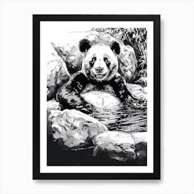 Giant Panda Relaxing In A Hot Spring Ink Illustration 2 Art Print