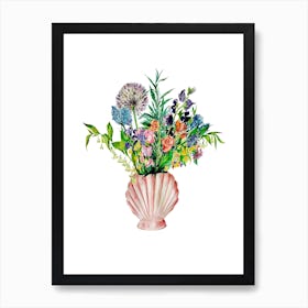 Flowers In Shell Vase On White Art Print