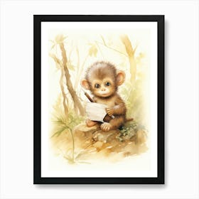 Monkey Painting Writing Watercolour 3 Art Print