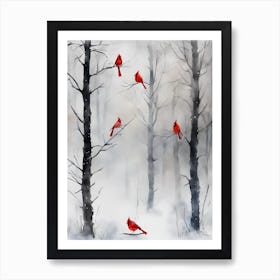 Winter Forest with Cardinals Poster