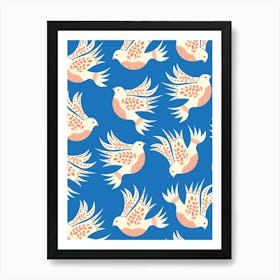 Folk Art Christmas White Doves on Royal Blue Art Print