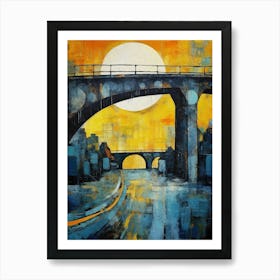 Blue Bridge with Sun V, Modern Vibrant Colorful Painting in Oil Style Art Print